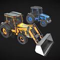 Yellow And Blue Utility Vehicles With Front Loader Buckets And Large Wheels