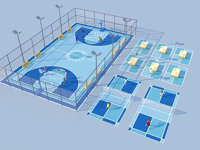 Outdoor Sports Complex With Basketball Court Badminton Courts Fencing And Lighting 3d model