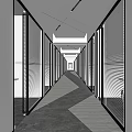 Modern Office Corridor Interior Design With Glass Partitions And Bright Lighting