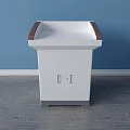 Functional White Desk With Brown Edge Top Gray Base Cabinet Doors And Silver Handles