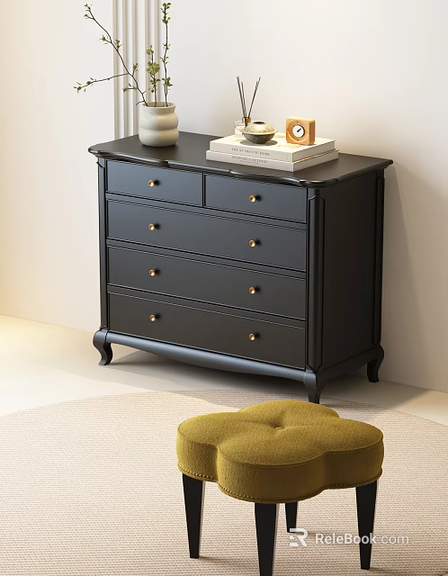 Black Traditional Style Dresser With Drawers Decorative Vase Tray Photo Frame And Accent Stool 3d model 