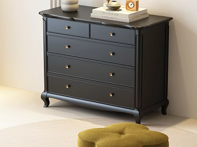 Black Traditional Style Dresser With Drawers Decorative Vase Tray Photo Frame And Accent Stool 3d model