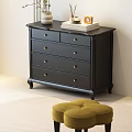 Black Traditional Style Dresser With Drawers Decorative Vase Tray Photo Frame And Accent Stool