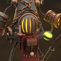 Mechanical Horned Character And Steampunk Creature With Glowing Eyes Holding Torch And Lanterns