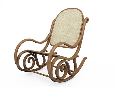 Vintage Wooden Rocking Chair With Woven Seat Back Curved Armrests And Spiral Base Design 3d model