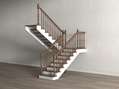 Wooden Double Flight Stairs With White Steps And Curved Handrails In Modern Interior 3d model