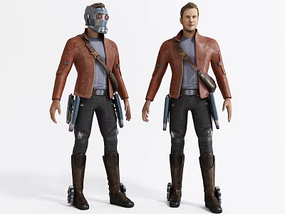 Game Movie Characters In Brown Leather Jackets With Helmet Waist Gear And Boots 3d model