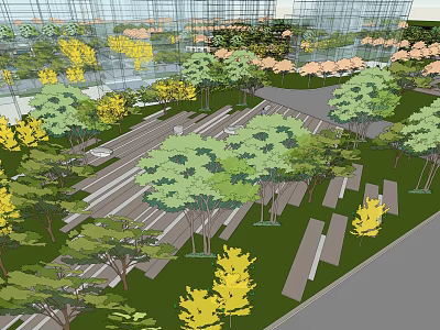 Residential Landscape Design With Lush Trees Green Lawn And Paved Walking Paths 3d model