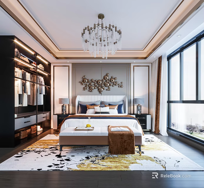 Luxurious Bedroom Interior With Chandelier Built In Wardrobe Decorative Wall Art Large Windows And Rug 3d model 