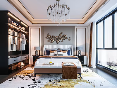 Luxurious Bedroom Interior With Chandelier Built In Wardrobe Decorative Wall Art Large Windows And Rug 3d model