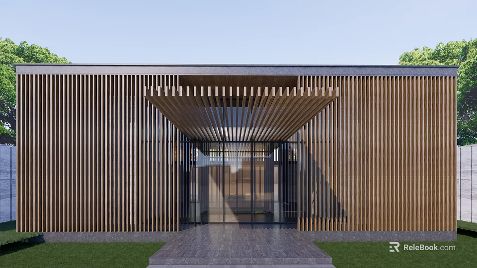 Modern Sales Office Building With Vertical Wooden Slats Glass Entrance Door Front Steps And Grass 3d model 