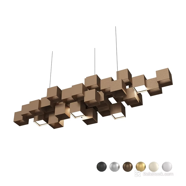 Modern Geometric Cube Chandelier With Hanging Wooden Design And Illuminated Cubes 3d model 