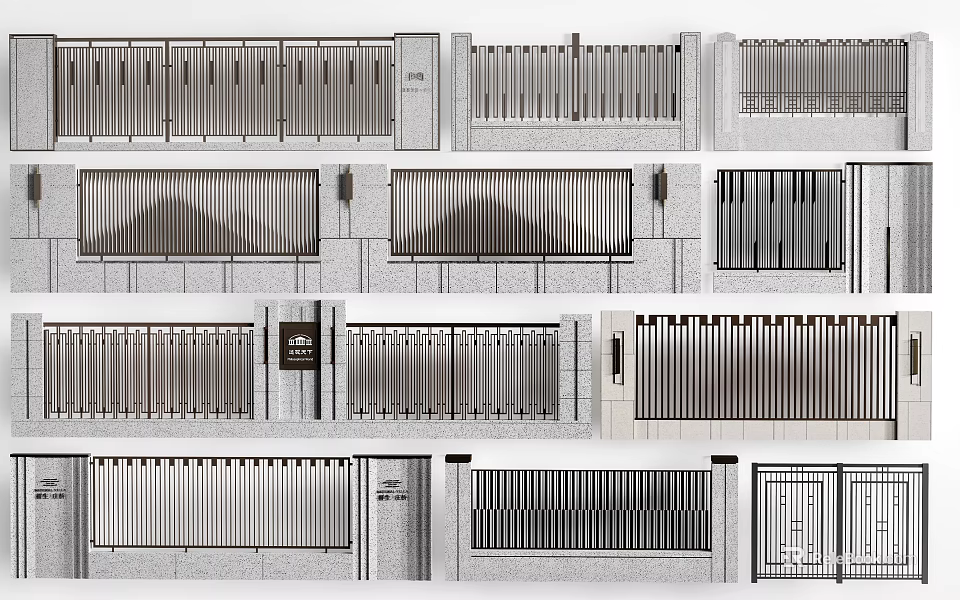 Building Exterior Wall With Various Metal Grille And Stone Panel Designs 3d model 