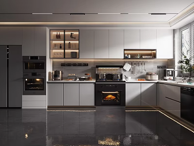 Sleek Modern Kitchen Interior Featuring White Cabinets Stainless Steel Appliances And Spacious Countertop 3d model