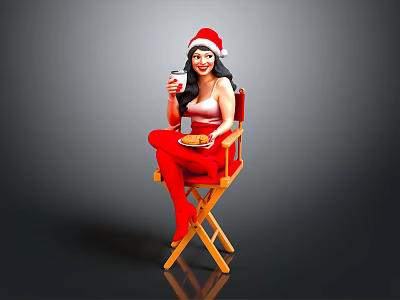 Woman In Santa Hat On Director's Chair With Red Stockings Holding Drink And Food Plate 3d model
