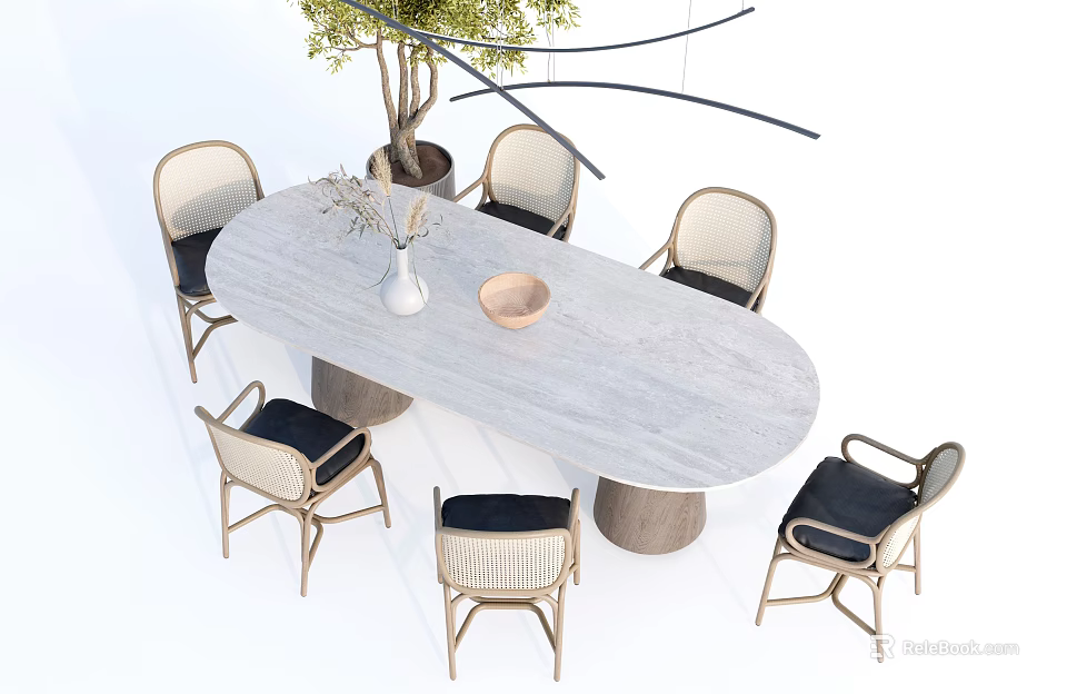 Oval Light Gray Dining Table Set With Rattan Chairs Black Seats Vase And Tree 3d model 