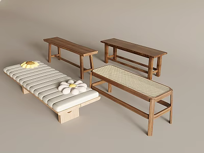 Different Styles of Wooden Benches with Woven and Upholstered Seats and Decorative Flowers 3d model