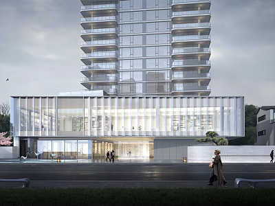 Modern Sales Office Building With Transparent Glass Curtain Wall Metal Grille And Pedestrians 3d model