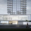 Modern Sales Office Building With Transparent Glass Curtain Wall Metal Grille And Pedestrians