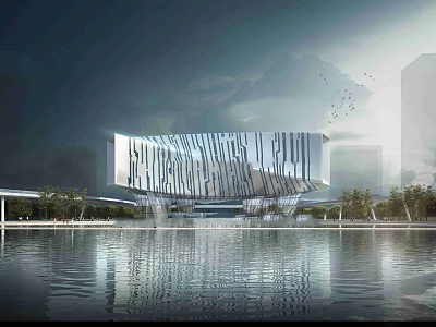 Stunning Modern Cultural Center Building With Glass Facade And Waterfront Reflection Design 3d model