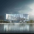 Stunning Modern Cultural Center Building With Glass Facade And Waterfront Reflection Design