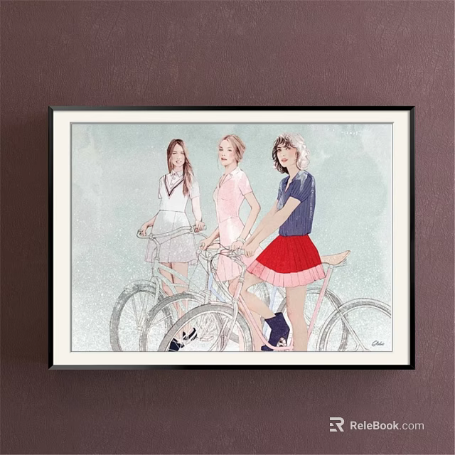 Portrait Painting of Three Women Riding Bicycles in Different Colored Outfits as Decorative Framed Artwork 3d model 