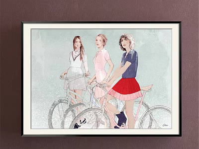 Portrait Painting of Three Women Riding Bicycles in Different Colored Outfits as Decorative Framed Artwork 3d model