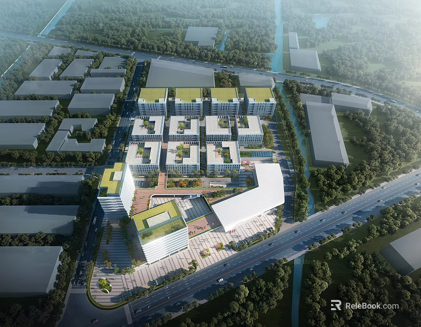 Modern Industrial Park With Planned Layout Green Spaces And Office Buildings 3d model 