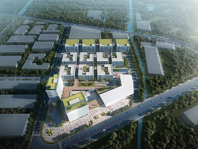 Modern Industrial Park With Planned Layout Green Spaces And Office Buildings 3d model