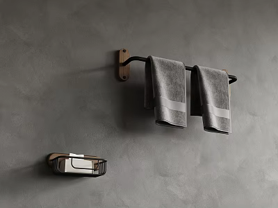 Gray Wall Bathroom Accessory Setup With Mounted Towel Rack Gray Towels And Soap Dish 3d model
