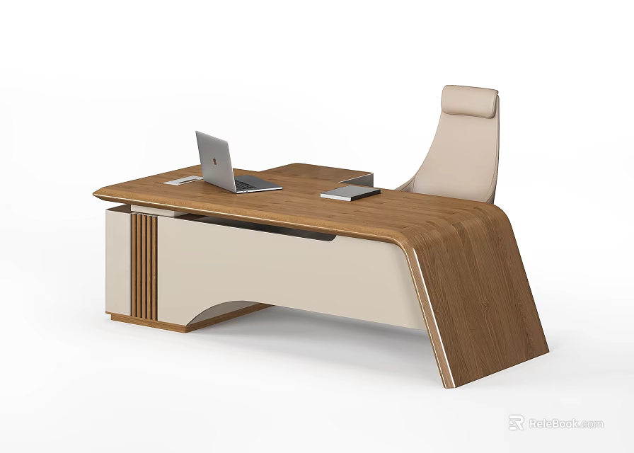 Modern Office Desk With Wooden Top Laptop And Light Beige Chair 3d model 