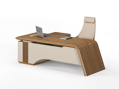Modern Office Desk With Wooden Top Laptop And Light Beige Chair 3d model
