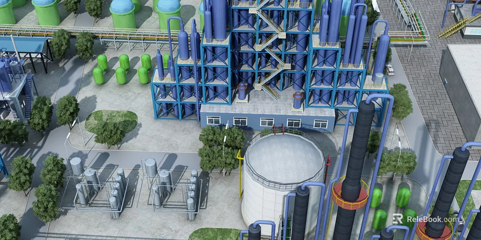 Modern Industrial Plant Exterior With Blue Steel Towers Green Storage Tanks And Large White Tank 3d model 