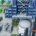 Modern Industrial Plant Exterior With Blue Steel Towers Green Storage Tanks And Large White Tank