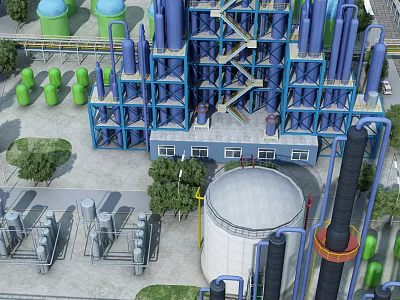 Modern Industrial Plant Exterior With Blue Steel Towers Green Storage Tanks And Large White Tank 3d model