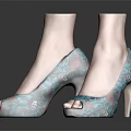 Stylish Turquoise Peep Toe High Heels With Red Floral Pattern And Black Accents
