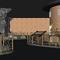 Ancient Cave Exhibition Area With Wooden Display Stands Trees Stone Walls And Smooth Ground
