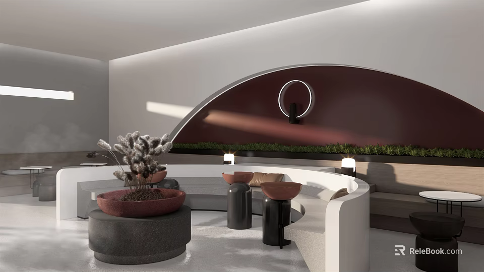 Modern Café Interior With Curved Wall Circular Light Green Plant Decor And Sofa Seating 3d model 