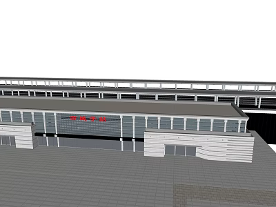 Modern Station Building Exterior Design With Glass Curtain Wall And Red Sign 3d model