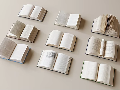 Open Books Collection Displayed In Various Positions With Visible Pages On Light Background 3d model