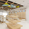 Bright Children's Clothing Store With White Walls Wooden Shelves Display Racks And Blue Storage Boxes