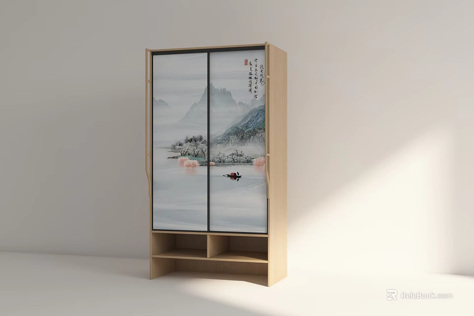 Minimalist Light Wood Wardrobe With Sliding Doors Landscape Painting And Bottom Open Shelves 3d model 