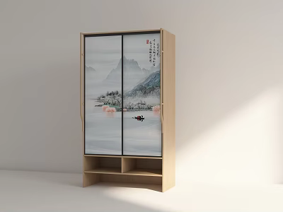 Minimalist Light Wood Wardrobe With Sliding Doors Landscape Painting And Bottom Open Shelves 3d model
