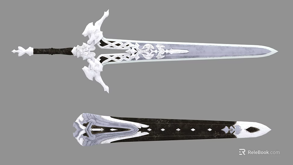 Ornate Swords with Decorative White Hilts Intricate Silver Blades Black Scabbards and Detailed Patterns 3d model 