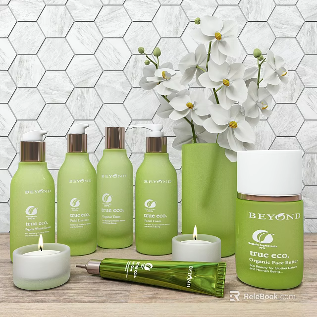 Beyond Green Daily Cleaning Products With White Flowers And Candles On Countertop 3d model 