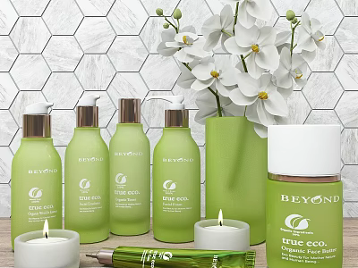 Beyond Green Daily Cleaning Products With White Flowers And Candles On Countertop 3d model