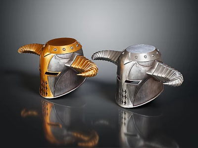 Gold And Silver Horned Helmets With Metallic Finish And Medieval Decorative Horns 3d model
