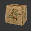 Vintage Wooden Drawer Box With Hand Painted Floral Patterns And Metal Handles