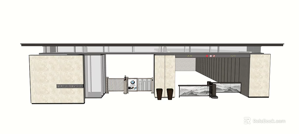 Modern Entrance Gate Design With Side Walls Access Control And Decorative Planters 3d model 