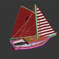 Model Sailboat With Red And Striped Sails Wooden Hull Green Interior Dark Background Reflection